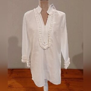 New Chicos 1 Tunic White Pom Pom Lightweight Shirt Size Medium Clean Girl